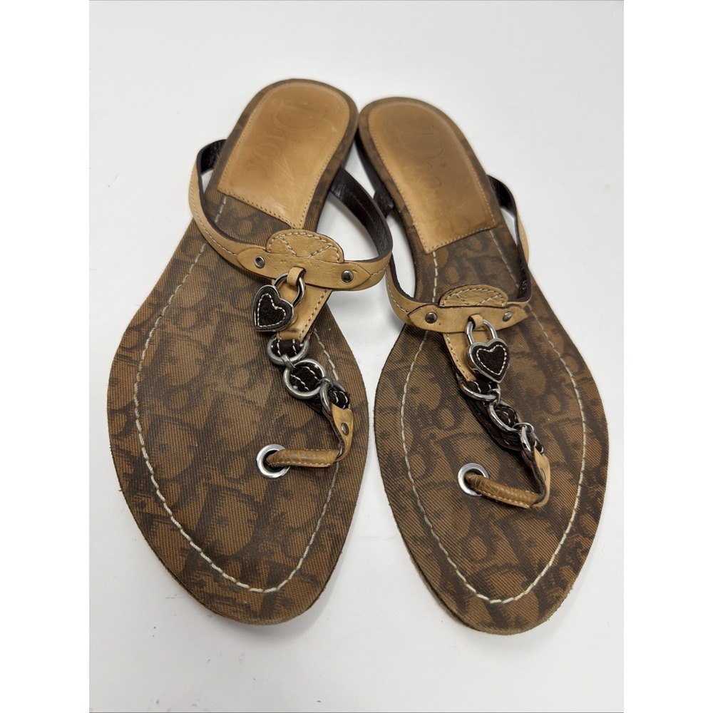 Dior Brown & Tan Logo Chain Heart Thong Sandals